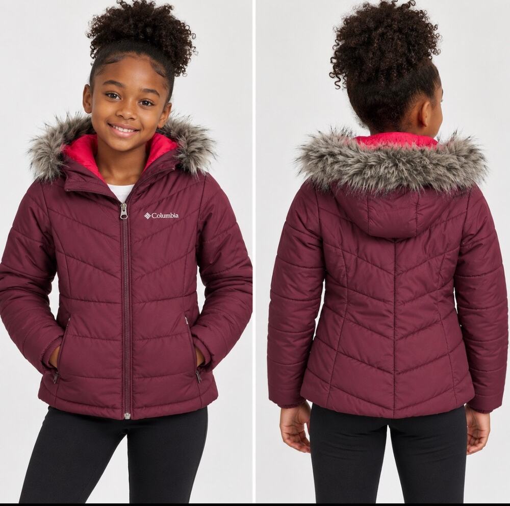 Columbia Girls S 7/8 Burgundy Puffer Jacket Faux Fur Hood Winter Coat